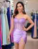 Chic Lace-Up Waist Strapless Shiny Lilac Mini Hoco Dress with Side Slit