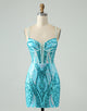 Sparkly Blue Bodycon Spaghetti Straps Corset Homecoming Dress with Sequins