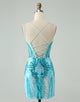 Sparkly Blue Bodycon Spaghetti Straps Corset Homecoming Dress with Sequins