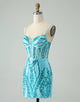 Sparkly Blue Bodycon Spaghetti Straps Corset Homecoming Dress with Sequins