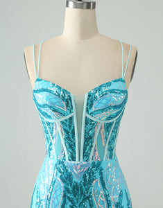 Sparkly Blue Bodycon Spaghetti Straps Corset Homecoming Dress with Sequins