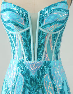 Sparkly Blue Bodycon Spaghetti Straps Corset Homecoming Dress with Sequins