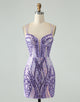 Sparkly Dark Purple Bodycon Spaghetti Straps Corset Homecoming Dress with Sequins