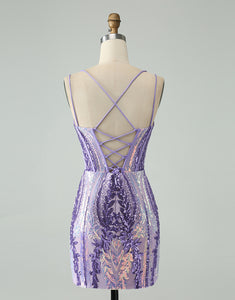 Sparkly Dark Purple Bodycon Spaghetti Straps Corset Homecoming Dress with Sequins