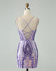 Sparkly Dark Purple Bodycon Spaghetti Straps Corset Homecoming Dress with Sequins