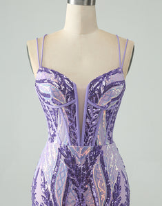 Sparkly Dark Purple Bodycon Spaghetti Straps Corset Homecoming Dress with Sequins