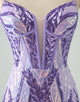 Sparkly Dark Purple Bodycon Spaghetti Straps Corset Homecoming Dress with Sequins