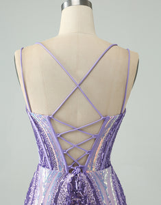 Sparkly Dark Purple Bodycon Spaghetti Straps Corset Homecoming Dress with Sequins