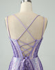 Sparkly Dark Purple Bodycon Spaghetti Straps Corset Homecoming Dress with Sequins