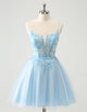 Cute Glitter Blue A Line Beaded Corset Tulle Homecoming Dress with Appliques