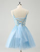 Cute Glitter Blue A Line Beaded Corset Tulle Homecoming Dress with Appliques