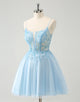 Cute Glitter Blue A Line Beaded Corset Tulle Homecoming Dress with Appliques