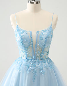 Cute Glitter Blue A Line Beaded Corset Tulle Homecoming Dress with Appliques