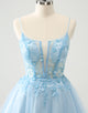 Cute Glitter Blue A Line Beaded Corset Tulle Homecoming Dress with Appliques