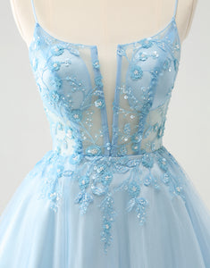 Cute Glitter Blue A Line Beaded Corset Tulle Homecoming Dress with Appliques