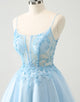 Cute Glitter Blue A Line Beaded Corset Tulle Homecoming Dress with Appliques