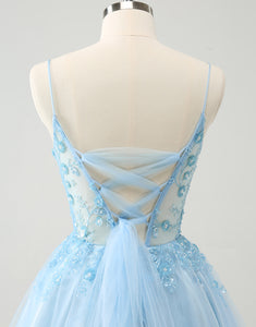 Cute Glitter Blue A Line Beaded Corset Tulle Homecoming Dress with Appliques