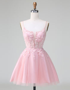 Cute Glitter Blush A Line Beaded Corset Tulle Homecoming Dress with Appliques