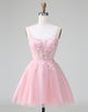 Cute Glitter Blush A Line Beaded Corset Tulle Homecoming Dress with Appliques