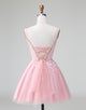 Cute Glitter Blush A Line Beaded Corset Tulle Homecoming Dress with Appliques