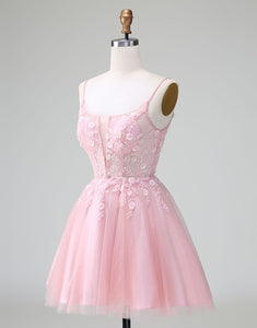 Cute Glitter Blush A Line Beaded Corset Tulle Homecoming Dress with Appliques