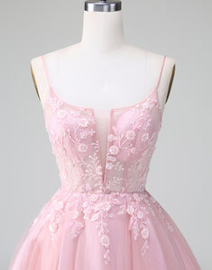 Cute Glitter Blush A Line Beaded Corset Tulle Homecoming Dress with Appliques