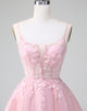 Cute Glitter Blush A Line Beaded Corset Tulle Homecoming Dress with Appliques