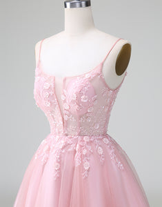 Cute Glitter Blush A Line Beaded Corset Tulle Homecoming Dress with Appliques