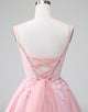 Cute Glitter Blush A Line Beaded Corset Tulle Homecoming Dress with Appliques