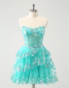 Cute Glitter Green A Line Strapless Sequined Tiered Corset Homecoming Dress