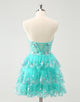 Cute Glitter Green A Line Strapless Sequined Tiered Corset Homecoming Dress