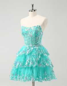 Cute Glitter Green A Line Strapless Sequined Tiered Corset Homecoming Dress