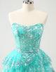 Cute Glitter Green A Line Strapless Sequined Tiered Corset Homecoming Dress