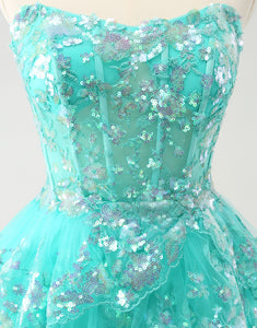 Cute Glitter Green A Line Strapless Sequined Tiered Corset Homecoming Dress