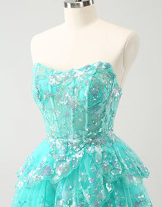 Cute Glitter Green A Line Strapless Sequined Tiered Corset Homecoming Dress