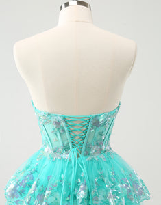 Cute Glitter Green A Line Strapless Sequined Tiered Corset Homecoming Dress