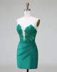 Tight Deep V-Neck Satin Strapless Short Homecoming Dress with Appliques