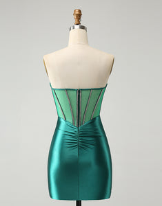 Glitter Dark Green Strapless Corset Tight Homecoming Dress with Beading