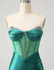 Glitter Dark Green Strapless Corset Tight Homecoming Dress with Beading