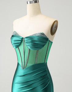 Glitter Dark Green Strapless Corset Tight Homecoming Dress with Beading