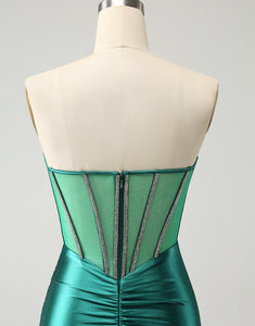 Glitter Dark Green Strapless Corset Tight Homecoming Dress with Beading