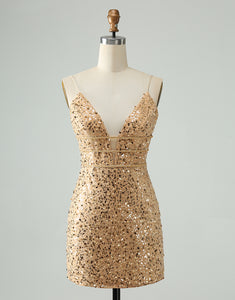 Unique Sparkly Golden Tight Spaghetti Strap Short Homecoming Dress with Sequins