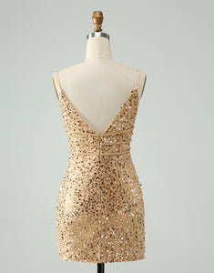 Unique Sparkly Golden Tight Spaghetti Strap Short Homecoming Dress with Sequins