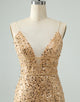 Unique Sparkly Golden Tight Spaghetti Strap Short Homecoming Dress with Sequins