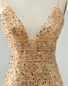 Unique Sparkly Golden Tight Spaghetti Strap Short Homecoming Dress with Sequins