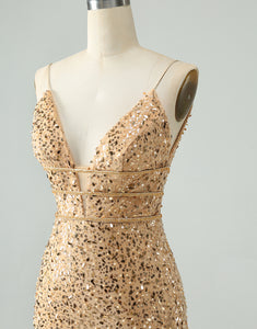 Unique Sparkly Golden Tight Spaghetti Strap Short Homecoming Dress with Sequins