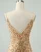 Unique Sparkly Golden Tight Spaghetti Strap Short Homecoming Dress with Sequins