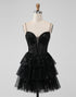 Sparkly Black Spaghetti Straps Tiered Homecoming Dress with Sequins