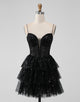 Sparkly Black Spaghetti Straps Tiered Homecoming Dress with Sequins