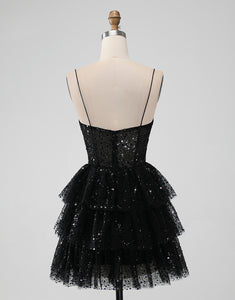 Sparkly Black Spaghetti Straps Tiered Homecoming Dress with Sequins